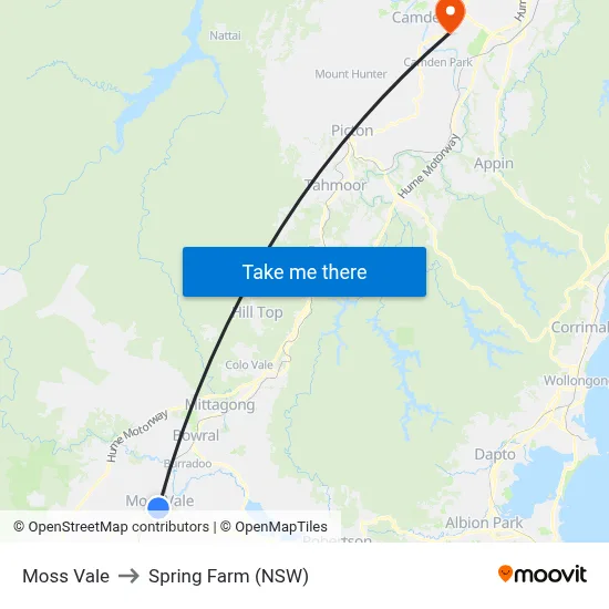 Moss Vale to Spring Farm (NSW) map