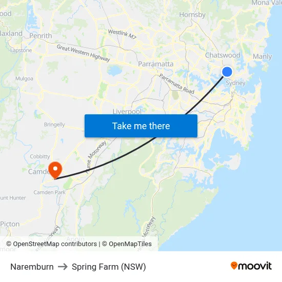 Naremburn to Spring Farm (NSW) map