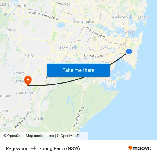 Pagewood to Spring Farm (NSW) map