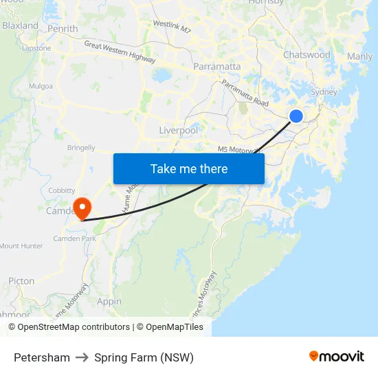 Petersham to Spring Farm (NSW) map