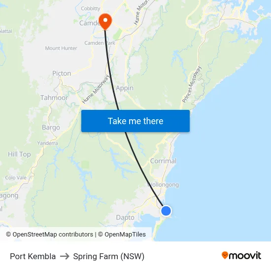 Port Kembla to Spring Farm (NSW) map