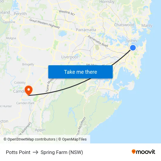 Potts Point to Spring Farm (NSW) map