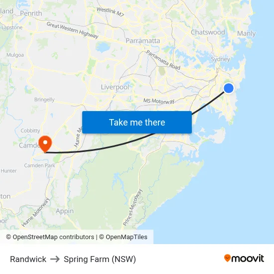 Randwick to Spring Farm (NSW) map