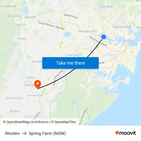 Rhodes to Spring Farm (NSW) map
