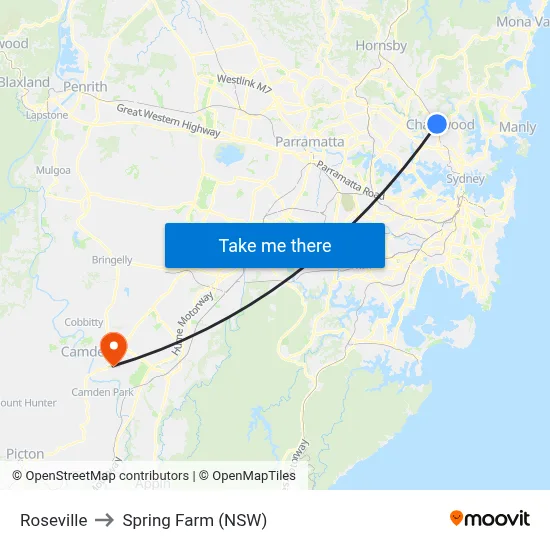 Roseville to Spring Farm (NSW) map