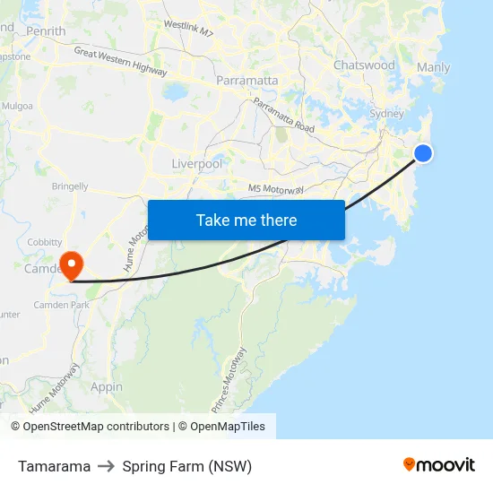 Tamarama to Spring Farm (NSW) map