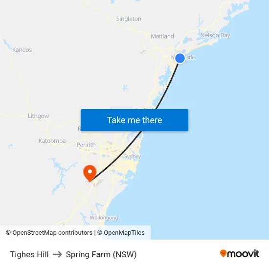 Tighes Hill to Spring Farm (NSW) map