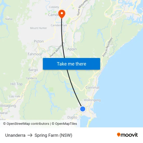 Unanderra to Spring Farm (NSW) map