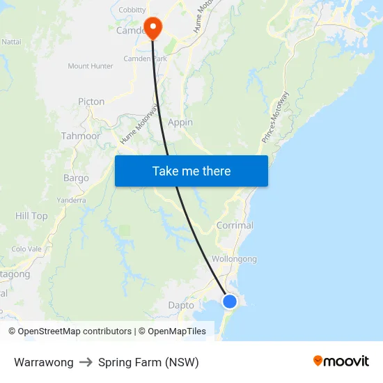 Warrawong to Spring Farm (NSW) map