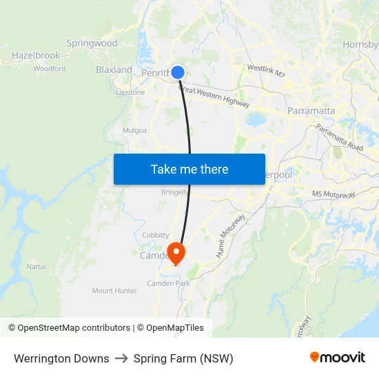 Werrington Downs to Spring Farm (NSW) map