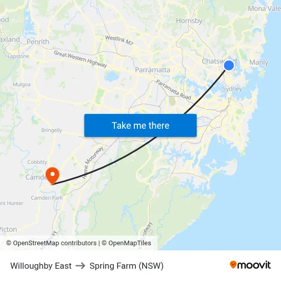 Willoughby East to Spring Farm (NSW) map