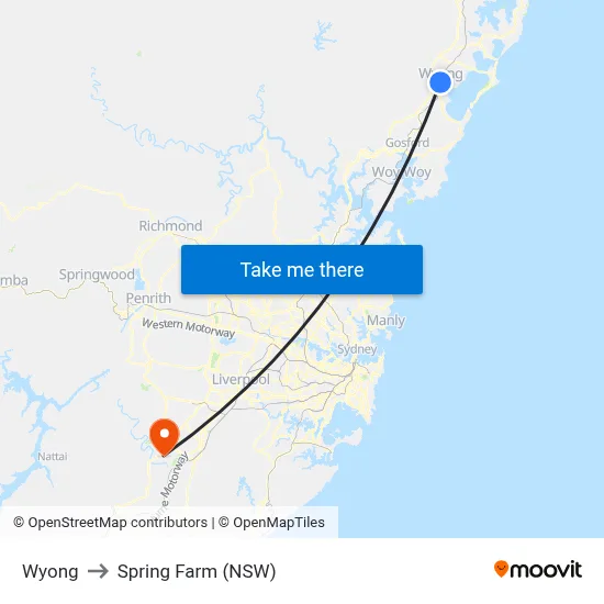Wyong to Spring Farm (NSW) map