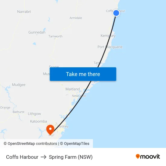 Coffs Harbour to Spring Farm (NSW) map
