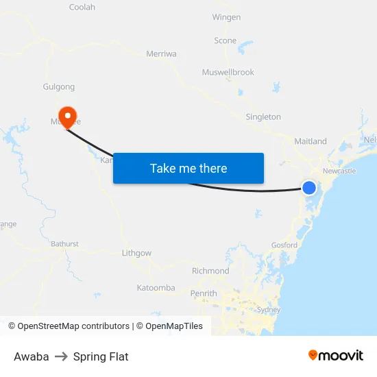 Awaba to Spring Flat map