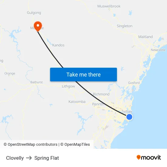 Clovelly to Spring Flat map