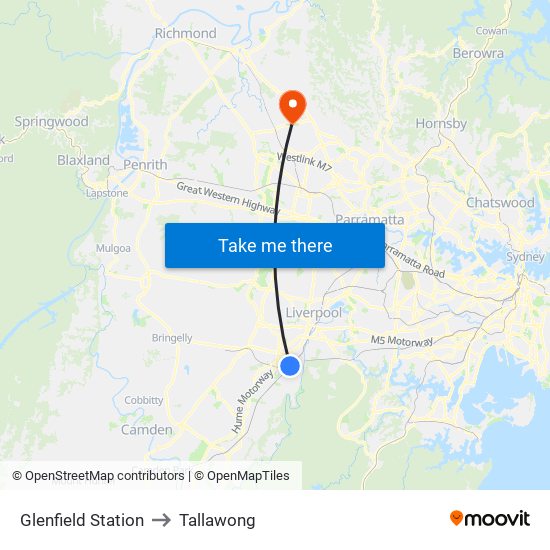 Glenfield Station to Tallawong map