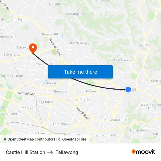 Castle Hill Station to Tallawong map