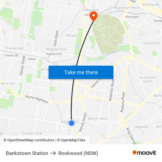 Bankstown Station to Rookwood (NSW) map