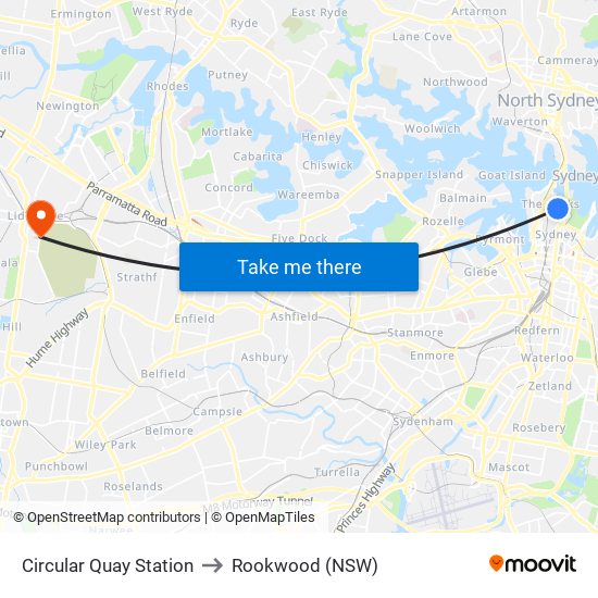 Circular Quay Station to Rookwood (NSW) map