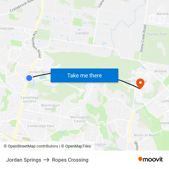 Jordan Springs to Ropes Crossing map
