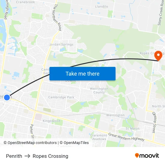 Penrith to Ropes Crossing map