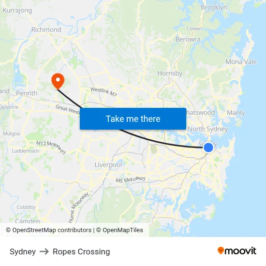 Sydney to Ropes Crossing map