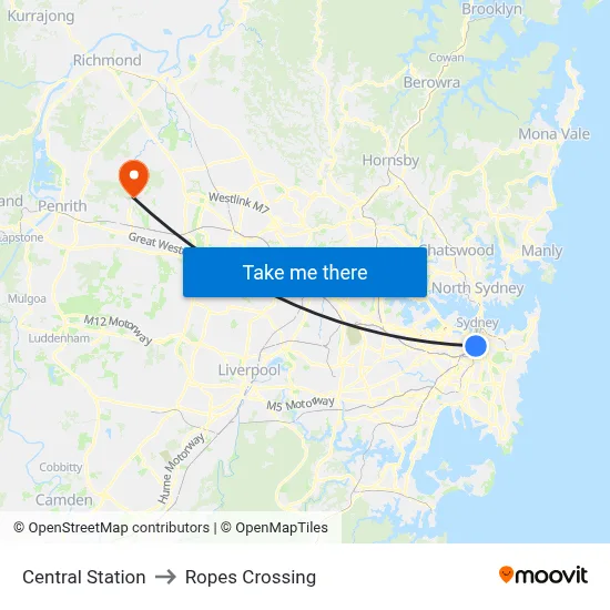 Central Station to Ropes Crossing map