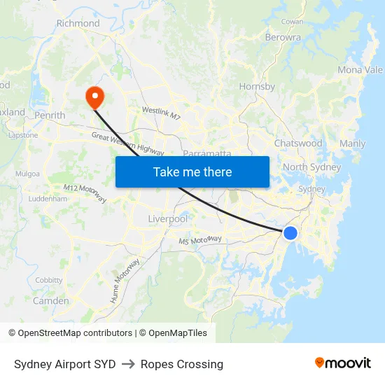 Sydney Airport SYD to Ropes Crossing map