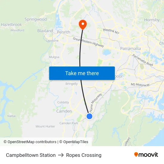 Campbelltown Station to Ropes Crossing map