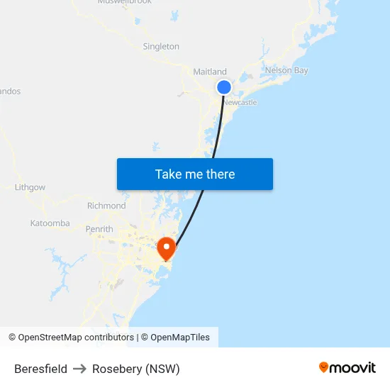 Beresfield to Rosebery (NSW) map