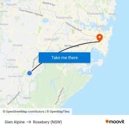 Glen Alpine to Rosebery (NSW) map