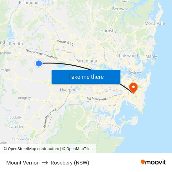 Mount Vernon to Rosebery (NSW) map