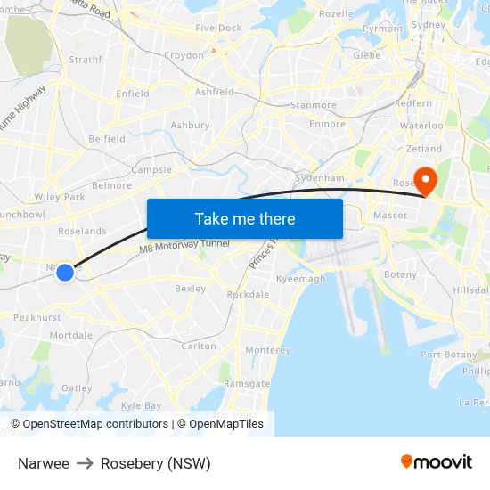 Narwee to Rosebery (NSW) map