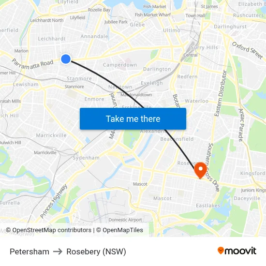 Petersham to Rosebery (NSW) map