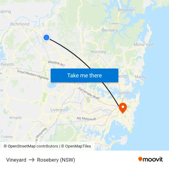 Vineyard to Rosebery (NSW) map