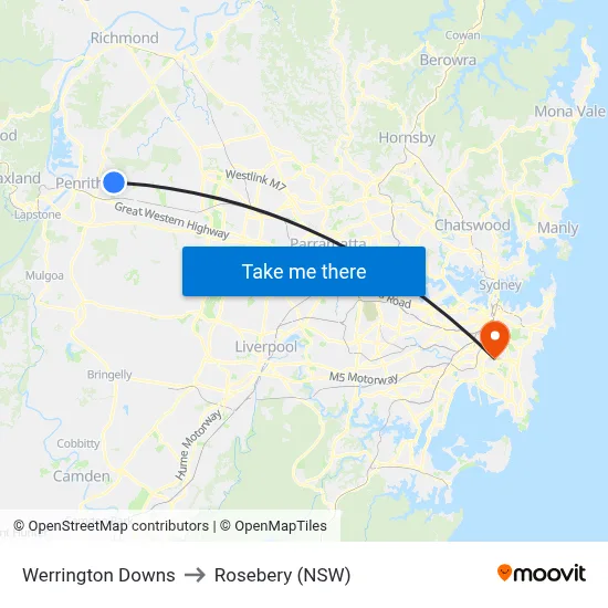 Werrington Downs to Rosebery (NSW) map