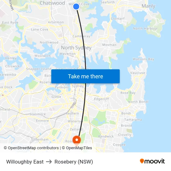 Willoughby East to Rosebery (NSW) map