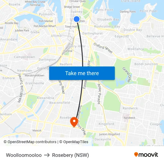Woolloomooloo to Rosebery (NSW) map
