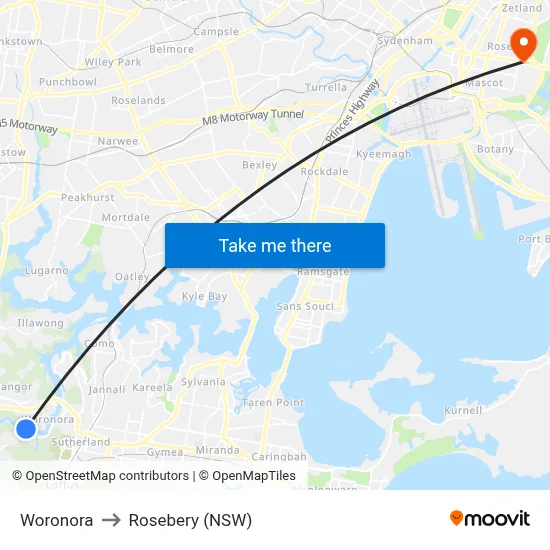 Woronora to Rosebery (NSW) map