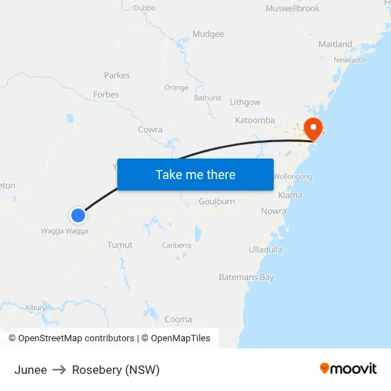 Junee to Rosebery (NSW) map