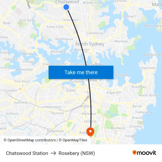 Chatswood Station to Rosebery (NSW) map