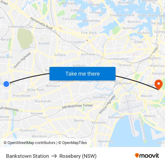 Bankstown Station to Rosebery (NSW) map