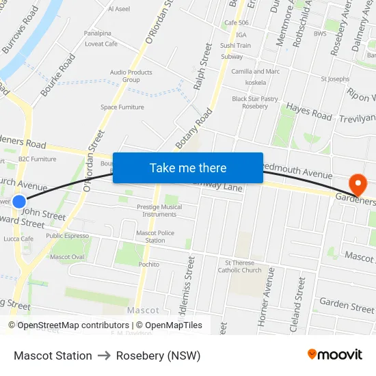 Mascot Station to Rosebery (NSW) map