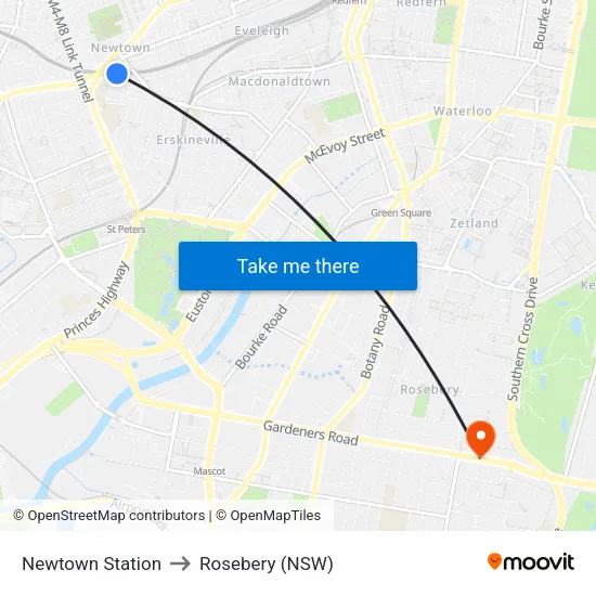 Newtown Station to Rosebery (NSW) map
