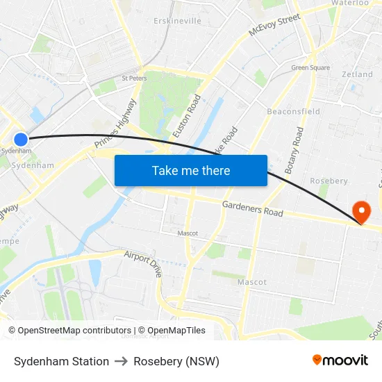 Sydenham Station to Rosebery (NSW) map