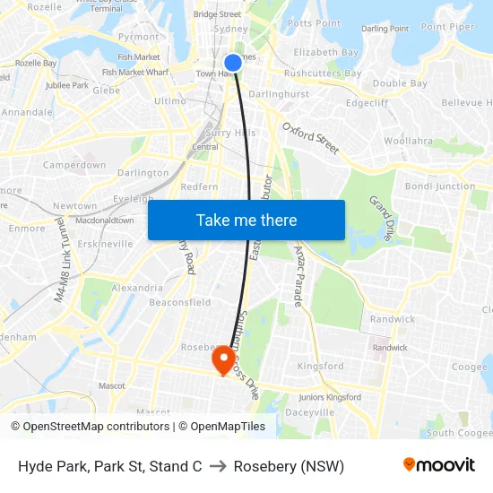 Hyde Park, Park St, Stand C to Rosebery (NSW) map