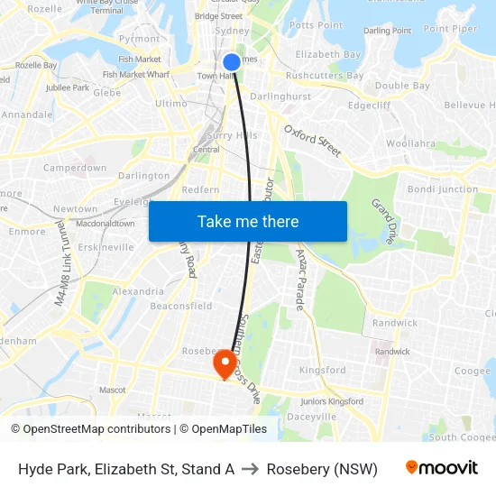 Hyde Park, Elizabeth St, Stand A to Rosebery (NSW) map