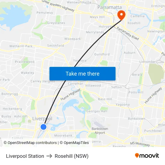 Liverpool Station to Rosehill (NSW) map
