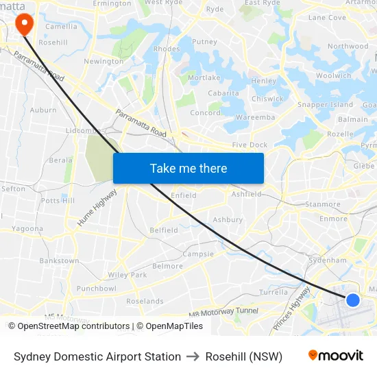 Sydney Domestic Airport Station to Rosehill (NSW) map