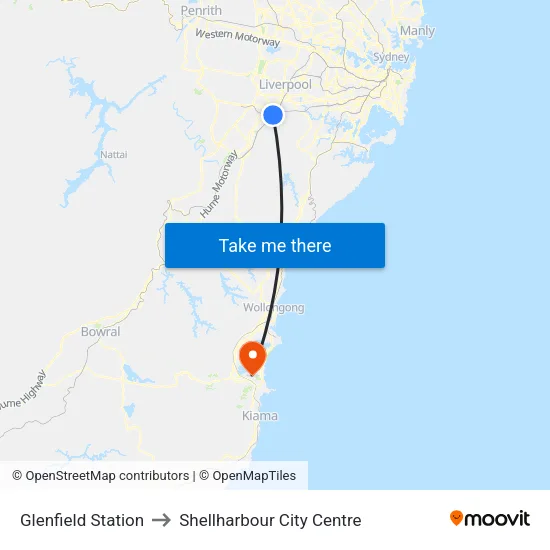 Glenfield Station to Shellharbour City Centre map